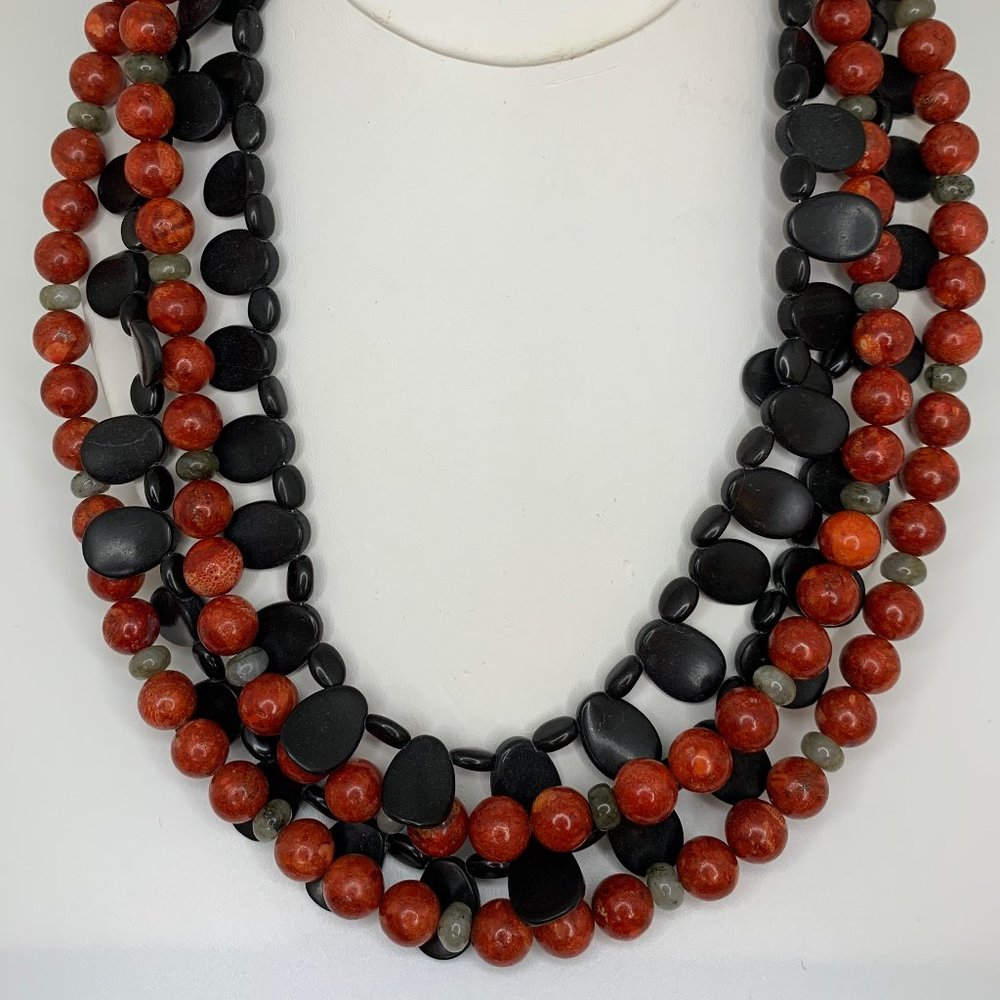 Jay King 925 Red Coral Tourmalinated Quartz and Obsidian Four-Strand Necklace